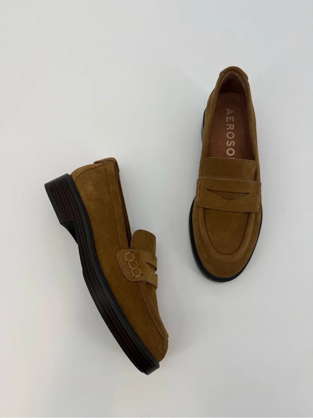Aerosoles Poeta Brown Suede Penny Loafers Women’s Size 7M Chunky Heel